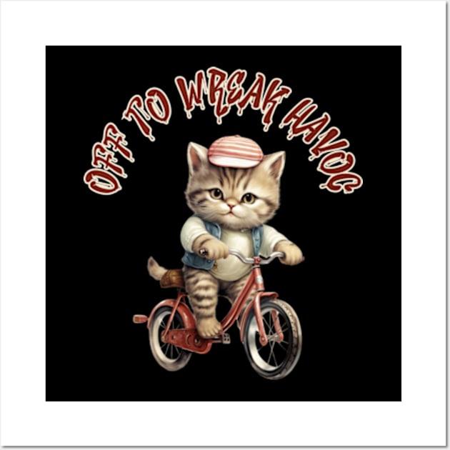 Off to Wreak Havoc Vintage Cat on Bicycle Funny Sarcasm Wall Art by Lavender Celeste